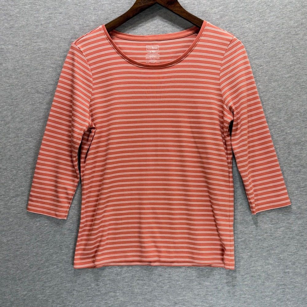 LL Bean T-Shirt Womens Small Petite Coral Striped 3/4 Sleeve Supima Cotton Top
